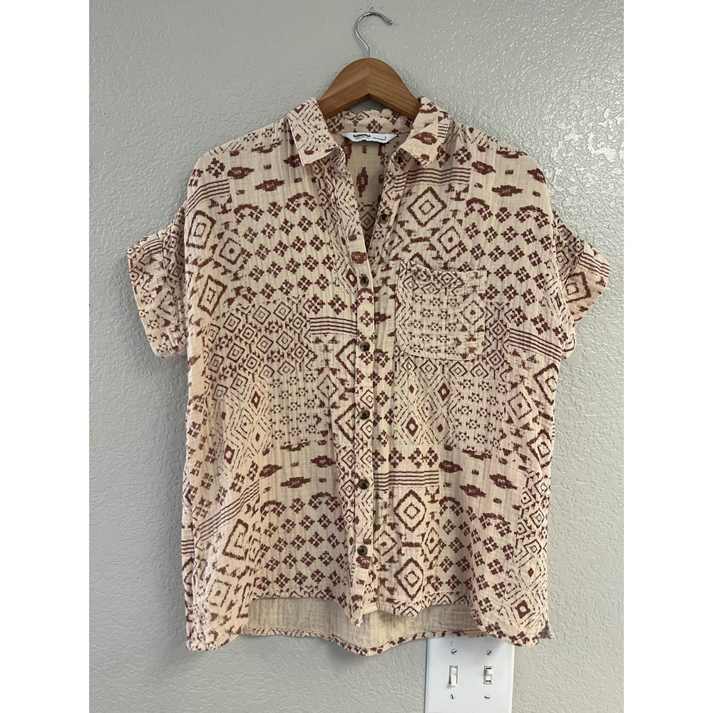 Sonoma Goods for Life Womens Small Cotton Gauze Tribal Print Button Down Shirt